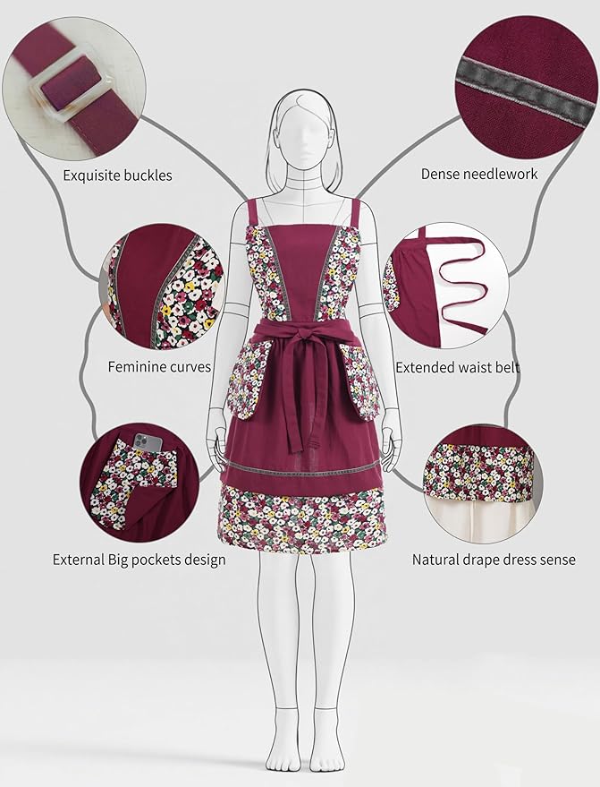 Pinknoke Kitchen Aprons for Women with Pockets Cute Vintage Chef Pinafore Apron for Gardening Cooking Baking Painting