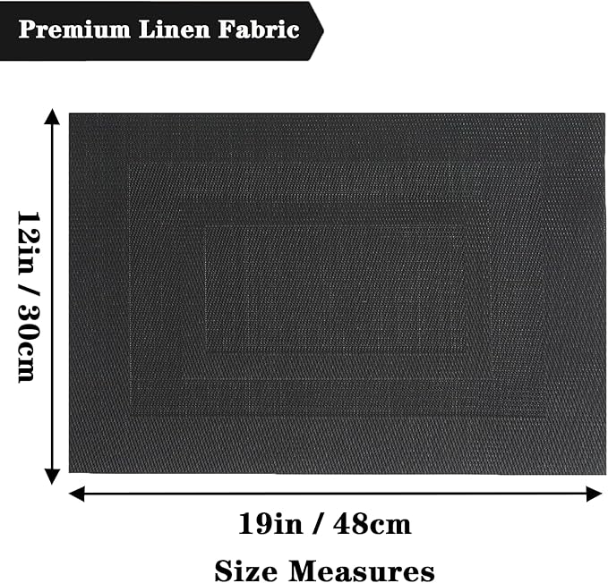 Pure Black Placemats Set of 2 - Heat Resistant Non-Slip Place mats for Dining Table, Washable Durable PVC Vinyl Woven Table Mats (Pure Black, 2)