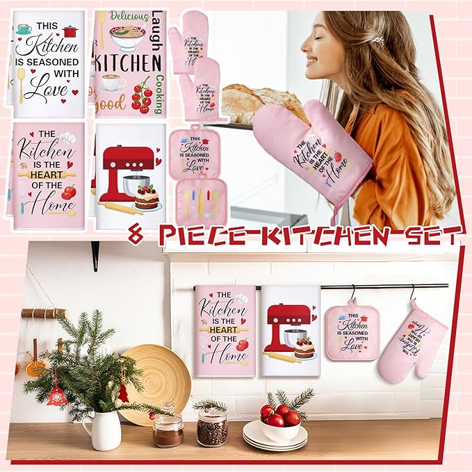 Leinuosen 8 Pcs Kitchen Towels and Oven Mitts Sets Pot Holders Dishcloths Set Kitchen Decorative Accessories Absorbent Potholders Heat Resistant for Chef Baking Cooking(Pink,Food)