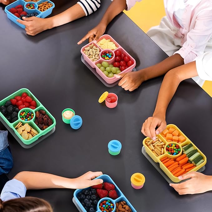 Bento Snack Box Containers, Meal Prep Container Reusable for Kids, Stackable Bento Box Adult 4 Pack, Divided Food Storage Containers with Clear Lids, Sauce Container, Light Colors