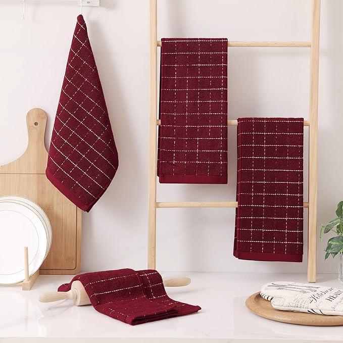 Homaxy 100% Cotton Terry Kitchen Towels(Burgundy Red, 13 x 28 inches), Checkered Designed, Soft and Super Absorbent Dish Towels, 6 Pack