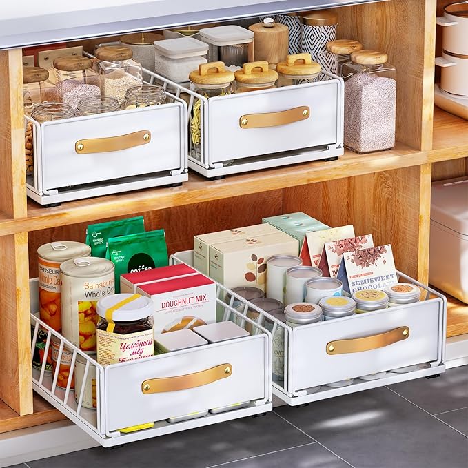 Pull out Cabinet Organizer,Heavy Duty Slide out Pantry Shelves Drawer Storage with Adhesive Nano Film,Sliding Mesh Cabinet Basket with Handle for Kitchen, Bathroom, Home, 9.8"W X 15.7"D X 6.2"H,White