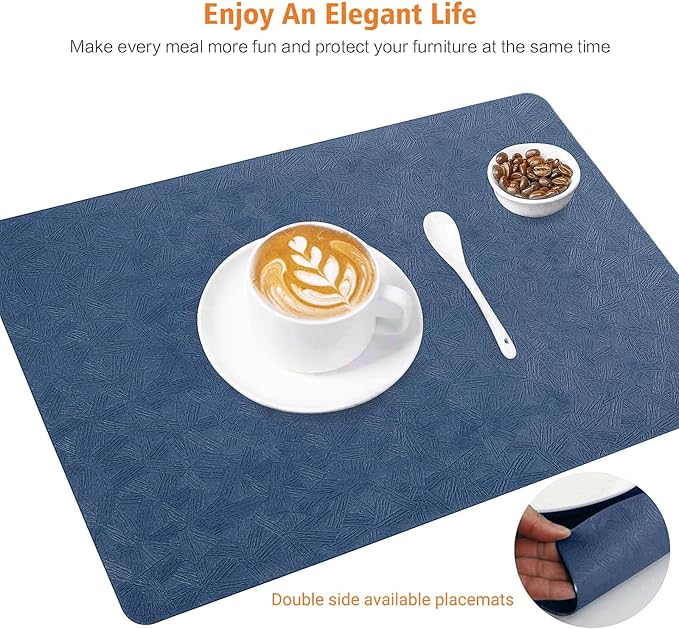Vinyl Placemats Set of 12 Heat Resistant Easy Clean Non-Slip Place Mats for Dining Table Faux Leather Waterproof Stain Resistant Wipeable Washable PVC Table Mats(12, Blue)