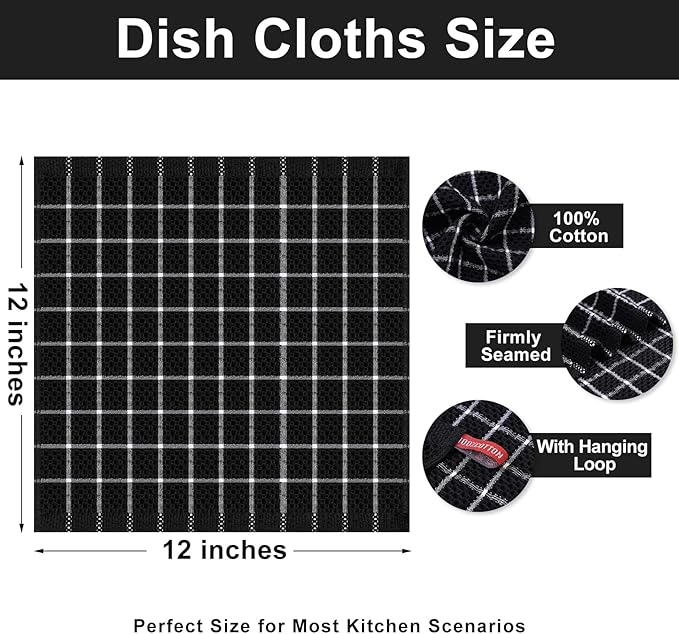 Homaxy 100% Cotton Dish Cloths, 8 Pack-12 X 12 Inches, Check Design Waffle Weave Dish Rags for Washing Dishes, Ultra Absorbent and Fast Drying Dishcloths, Black&White