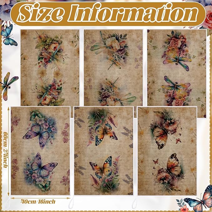 Bencailor 6 Pcs Butterfly Flower Kitchen Towels Decorative Sets Dish Towels Absorbent Fast Drying Hand Tea Vintage Hanging Reusable Cleaning Dishcloths for Cooking Farmhouse Bathroom Accessory
