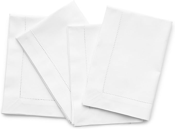 Solino Home White Napkins Set of 4 - Cotton Linen Hemstitch Dinner Napkins Cloth 20 x 20 Inch for Mothers Day, Spring, Summer, Memorial Day - Handcrafted and Machine Washable