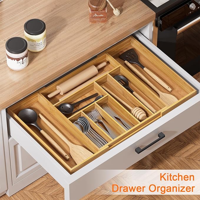 Youpehom Bamboo Utensil Organizer for Kitchen Drawers, Utensil Tray and Cutlery Silverware Holder,Wood Drawer Dividers with 9 Slots