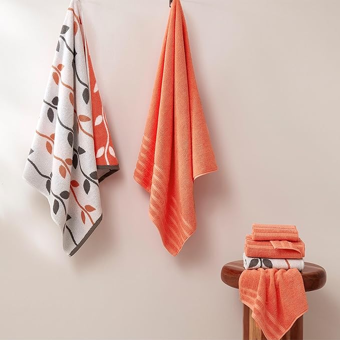 Modern Threads Natural Vine 6-Piece 100% Cotton Towel Set – Yarn Dyed Jacquard – Includes 2 Bath Towels, 2 Hand Towels, 2 Washcloths – Absorbent, Quick Dry, Soft & Durable – Rust Orange