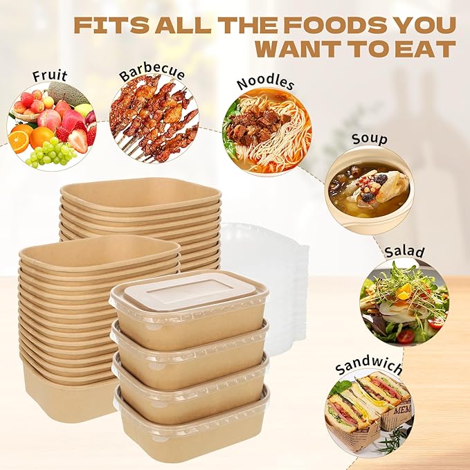 50 Pack 17oz Disposable Kraft Paper Bowls with Lids, Rectangle Meal Prep Containers Bulk, Large Paper Salad Bowl, Leakproof Food Containers Treat Soup Serving Bowls, Microwave Safe for Hot/Cold Food