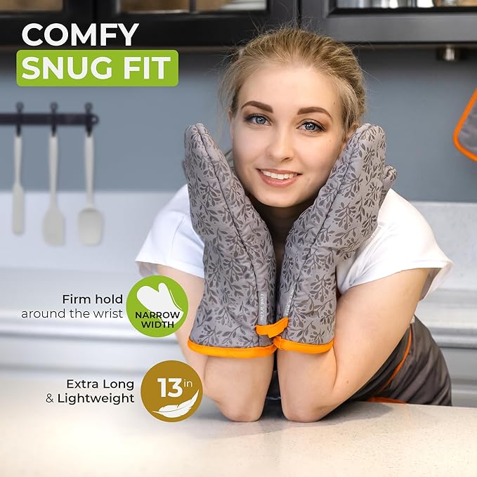 Premium Heat-Resistant Oven Mitts - Stylish and Beautiful - Non-Slip Platinum Silicone Grip - Long and Thick - 100% Natural Cotton Exterior and Soft Terry Cloth Lining - Cook'n'Chic Set of 2 - Gray