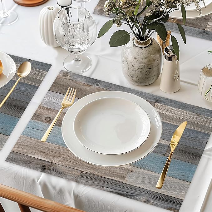 Vintage Barn Wooden Placemats Set of 6,Wood Grain Dinner Table Mats Non-Slip Washable Mats for Kitchen Dinner Party Tablemat 12x18Inch