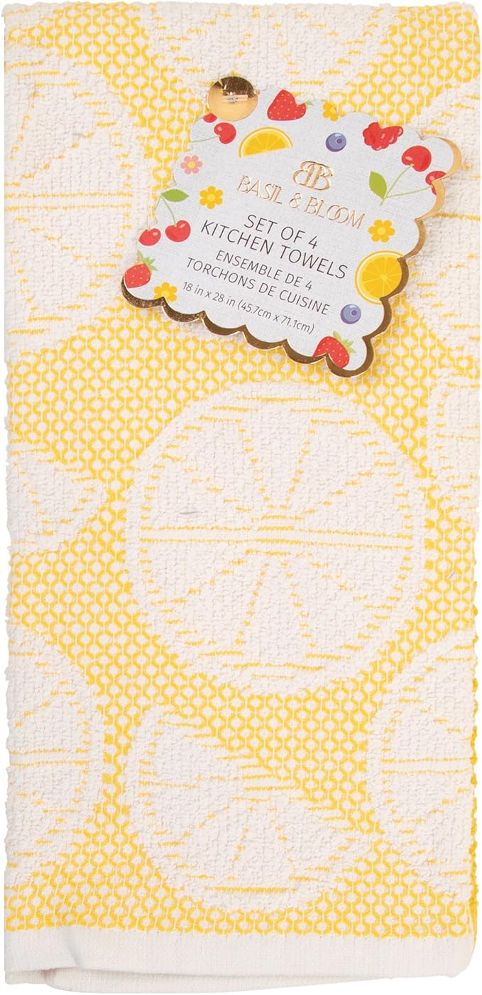 MosJos Kitchen Towels Set of 4 Premium Hand Towels 18 x 28 Inch Large Tea Towels for Drying & Decor - Soft, Absorbent Cotton Yellow Ribbed and Lemon Citrus Weave Cute Hand Towels - Housewarming Gift