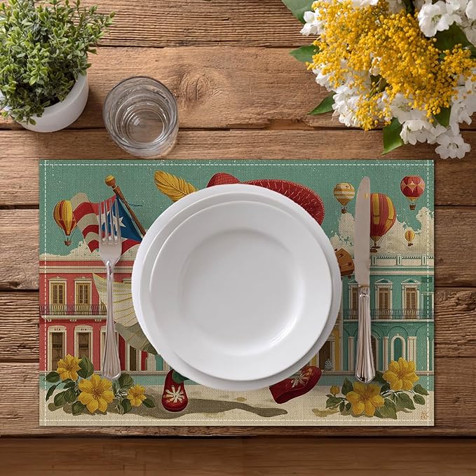 HOMETITUTE Colorful Placemats Set of 4 Linen 12x18 Inch Washable Table Mats Fun Frog Playing Guitar Design Decorative Dining Table Placemats Set of 4 Farmhouse Kitchen Holiday and Everyday Use