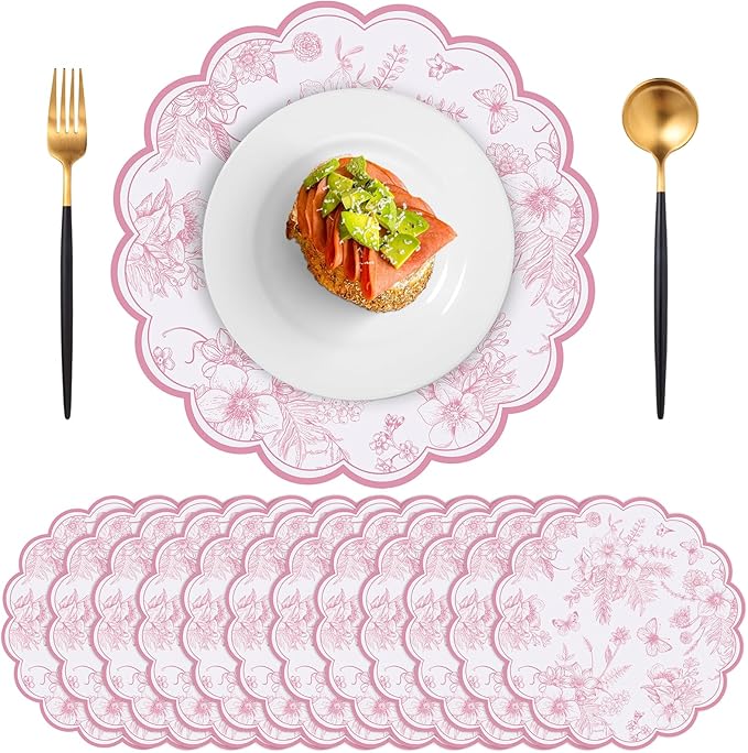 60 Pcs Pink Floral Paper Placemats, 13.5 Inch Disposable Scalloped Table Mats Wedding Placemats, Vintage Floral Banquet Place Mats for Table Setting Mother's Day Anniversay Wedding Bridal Tea Party