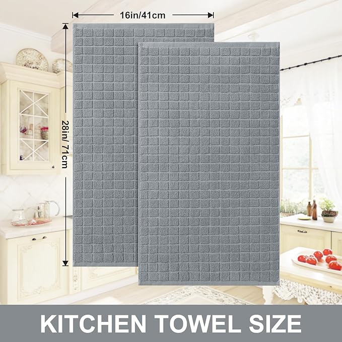 Homaxy Premium Cotton Kitchen Towels 16"x 28", Large Natural Ring Spun 390 GSM Dish Towels, Super Absorbent Terry Kitchen Hand Towels, Soft Tea Towels with Hanging Loop, Pure Grey Design, 6 Pack