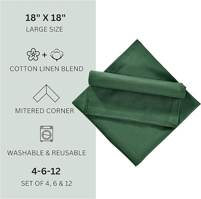 FINGERCRAFT Dinner Cloth Napkin Cotton Linen Blend 12 Pack Natural Premium Quality Mitred Corner for Every Day Use Pre Shrunk and Good Absorbency 18x18 in Easter Color Eden Green