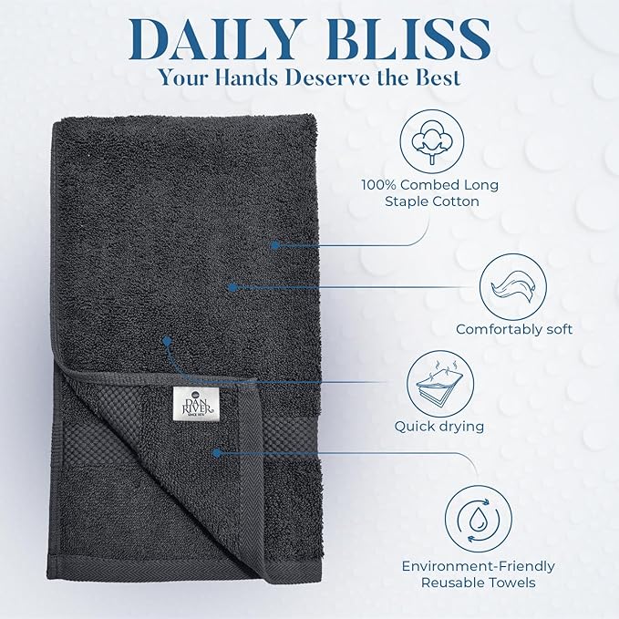 DAN RIVER 6-Pack Premium Hand Towels (16x28 Inches) - 100% Cotton, Ultra Soft, Lightweight, Highly Absorbent Towels for Bathroom, Spa, Gym, Salon, Hotel, and Travel - Charcoal