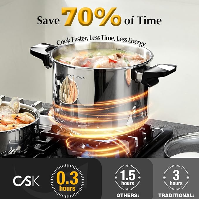 KOCH SYSTEME CS Stainless Steel Pressure Cooker 8.5 Quart, 3-in-1 Olla de Presion, One-Hand Locking, 3 PSI Settings Stovetop Pressure Cookers, induction Pressure Cooker, Glass Lid & Steamer, 8.5QT