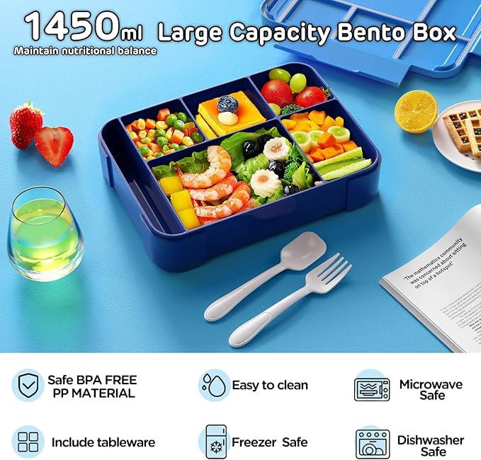 Jelife Bento Lunch Box for Kids - 1450ml Leakproof Kids Bento Box 6 Compartments Toddler Lunch boxes with Silverware for Back to School, Reusable LunchBox Snack Container for Daycare