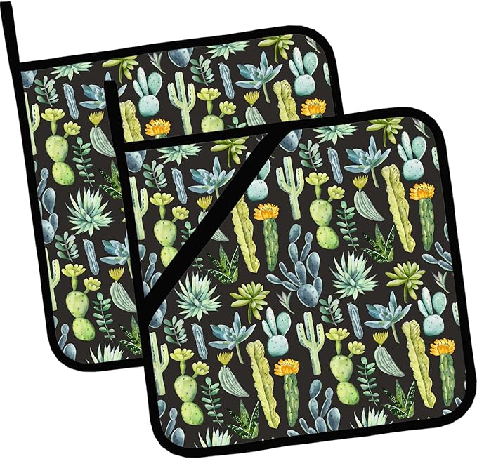 Watercolor Cactus Flower Pot Holders Set of 2,Desert Plants Kitchen Heat Resistant Potholder for Microwave Cooking Baking Oven and BBQ