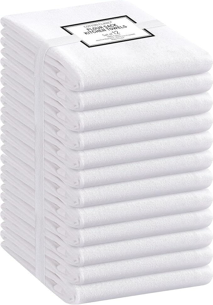 Cotton Clinic Flour Sack Towels White 26"x26" - 100% Cotton Flour Sack Kitchen Towels - Multi Purpose Dish Towels for Drying Dishes - 12 Pack