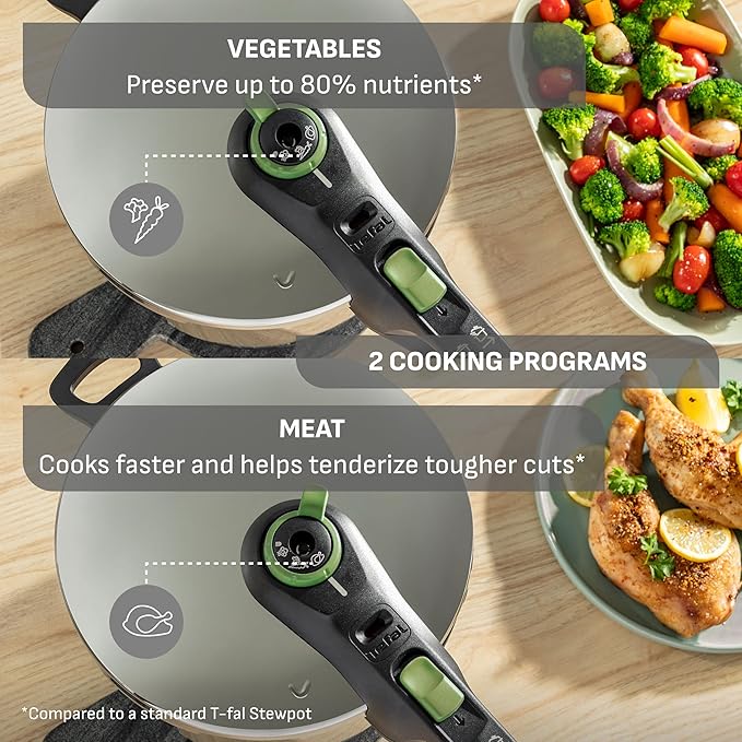 T-Fal Secure Stainless Steel Pressure Cooker, 6.3 Quart, Steam Basket, Induction, Secure Locking System, Easy and Safe Opening, Compatible with All Cooktops, Dishwasher Safe, Silver