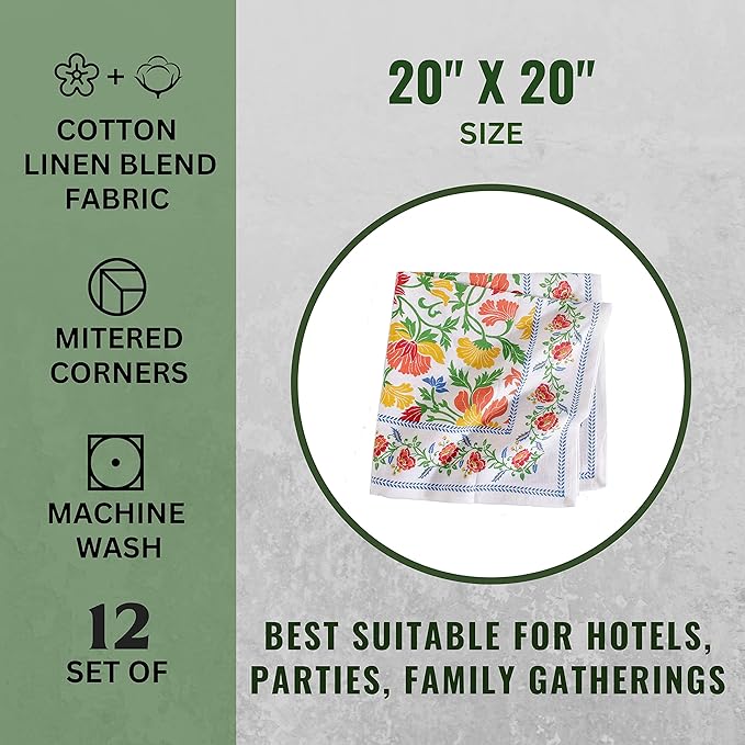FINGERCRAFT Cloth Napkins, Set of 12 Cotton Linen Blend Printed Dinner Napkins Cloth Mitered Corner Perfect for Parties Dinners Weddings Cocktail Christmas Easter 20x20 Persian Flora