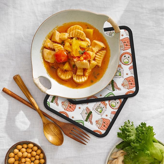 Cute Sushi Doodle Pot Holders 2 PCS,Kitchen Heat Resistant Potholder for BBQ Cooking Baking,Food Hot Pad for Women Men