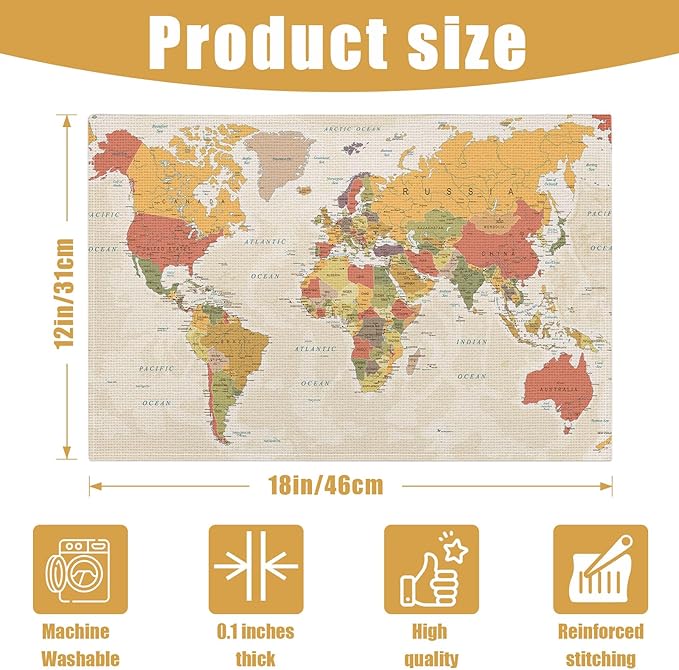World Map Placemats Set of 6, Linen Place Mat Washable Stain Resistant Table Mats for Farmhouse Kitchen Dining Holiday Party Wedding Decor 12x18 Inch