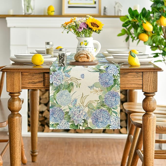 Artoid Mode Hydrangea Wildflowers Flower 210 GSM Summer Table Runner, Seasonal Spring Kitchen Dining Table Decoration for Home Party Decor 13x90 Inch