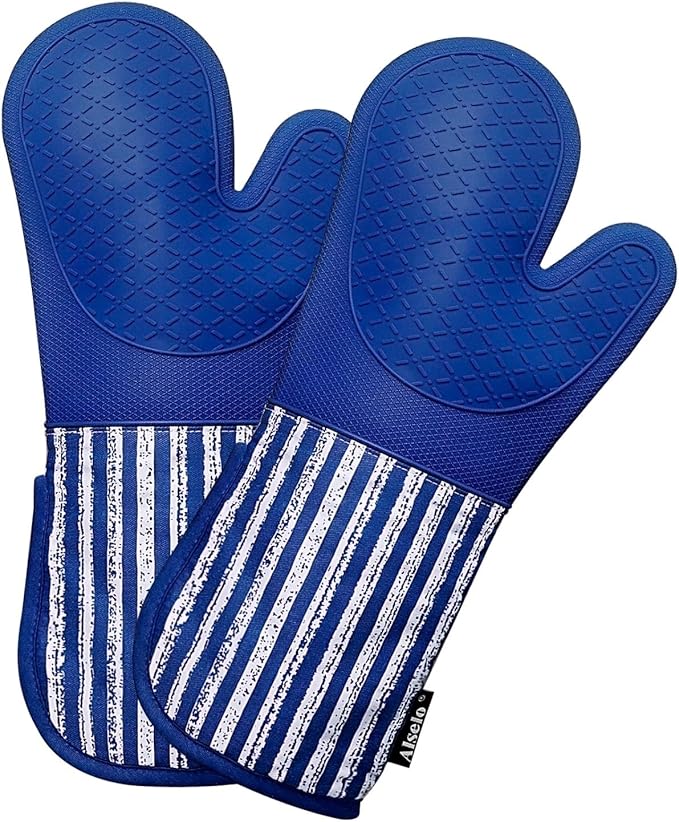 Alselo Silicone Oven Mitts Heat Resistant 932℉ with Waterproof & Non-Slip Kitchen Mittens, Set of 2 Extra Long Oven Gloves with Soft Cotton Terry Lining for Baking Cooking Barbecue (Cobait Blue, 2)