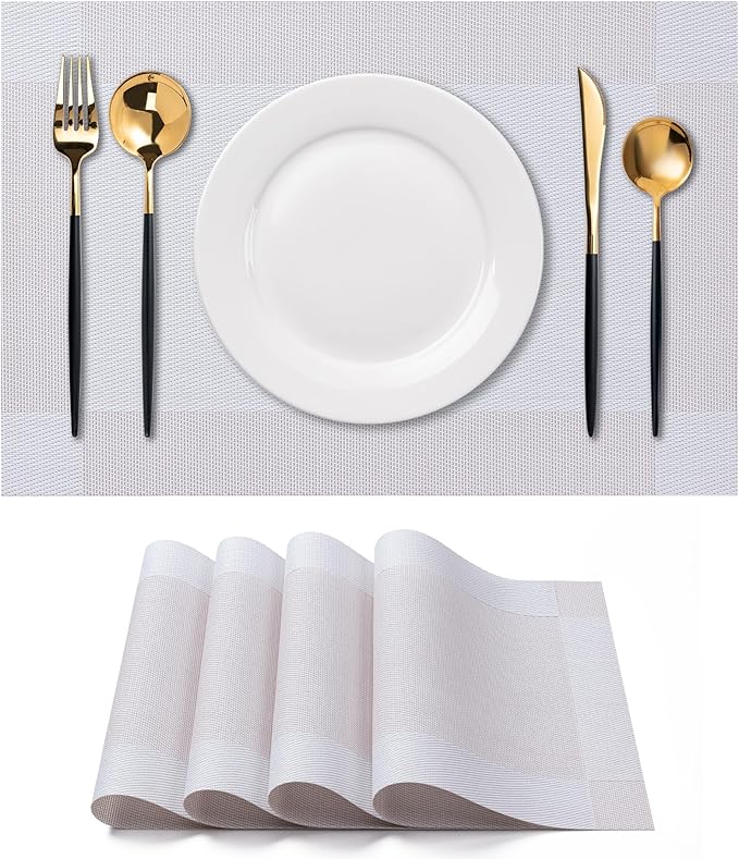 CADONO Placemats Set of 4 Washable Indoor/Outdoor Vinyl Place Mats for Dining Table Durable Non-Slip Heat Resistant PVC Weave Table Mats（Four-Corner-Beige）
