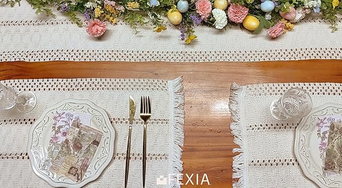 FEXIA Boho Placemats Set of 6, Macrame Table Decor and Farmhouse Style Placemats Natural Cotton Burlap, for Dining Table Kitchen