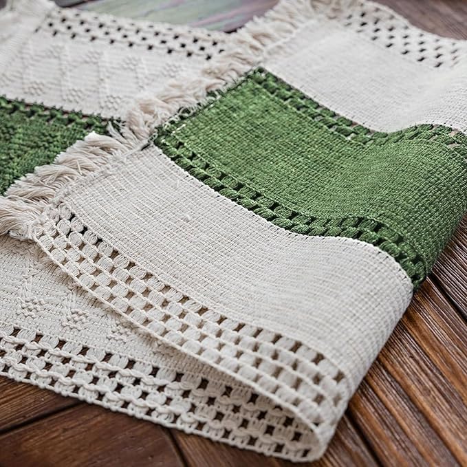 Alynsehom Macrame Table Runner Cream Beige and Green Boho Table Runners with Tassels Hand Woven Cotton Table Runner Rustic Farmhouse Table Runners for Bohemian Kitchen Dining Table(12x48in)