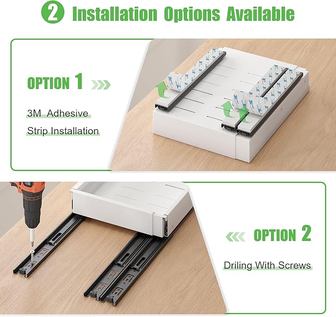 2 Pcs Pull Out Drawers for Cabinets Organizer Expandable Width(11.8"-19.4"), Depth(16.45"-21.7") With 3 Rails, No Drill Roll Out Drawer, Adhesive Sliding Drawers for Kitchen Pantry Storage Adjust