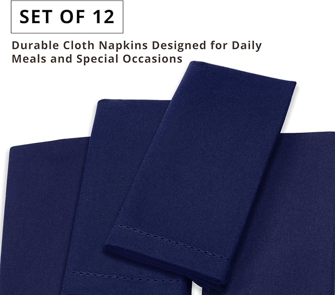 PurpleEssences Set of 12 Hemstitch Cloth Dinner Napkins 100% Cotton - Soft Durable Washable - Ideal for Wedding Spring Easter Summer - Perfect Everyday Use Table Linen 18x18 - Navy Blue