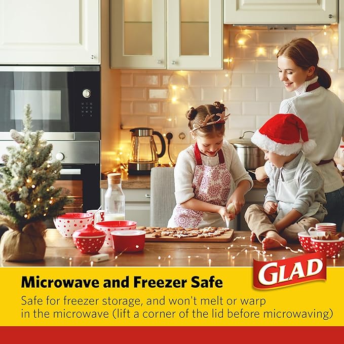 Glad GladWare Holiday Food Storage Containers with Reversible Gift Tags, Large Rectangle BPA Free Plastic for Holiday Cookies and Gifting, Microwave Freezer Dishwasher Safe, 64 Oz, 3 Count