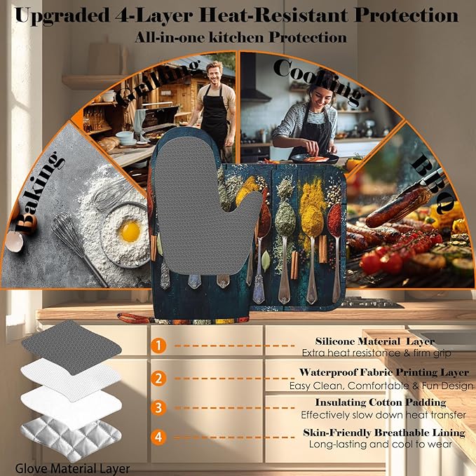 Various Herbs and Spices Oven Mitts and Pot Holders Sets Non-Slip Silicone Surface for BBQ Gloves,Kitchen,Cooking,Baking,Grilling