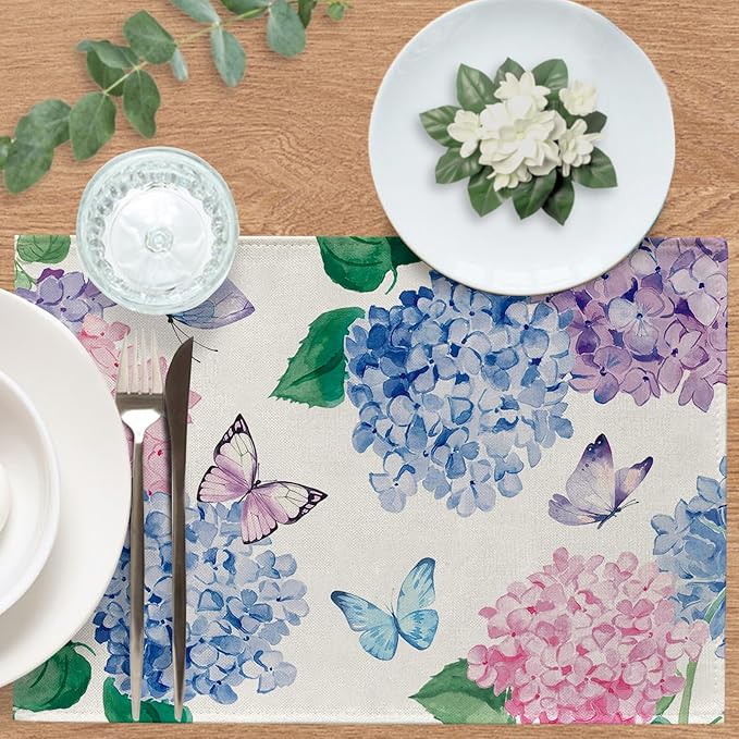 Spring Summer Hydrangea Placemats Set of 4, Pink Blue Purple Flower Butterfly Dining Place Mats Table Decor, Seasonal Floral Home Kitchen Decoration 12 x 18 Inch