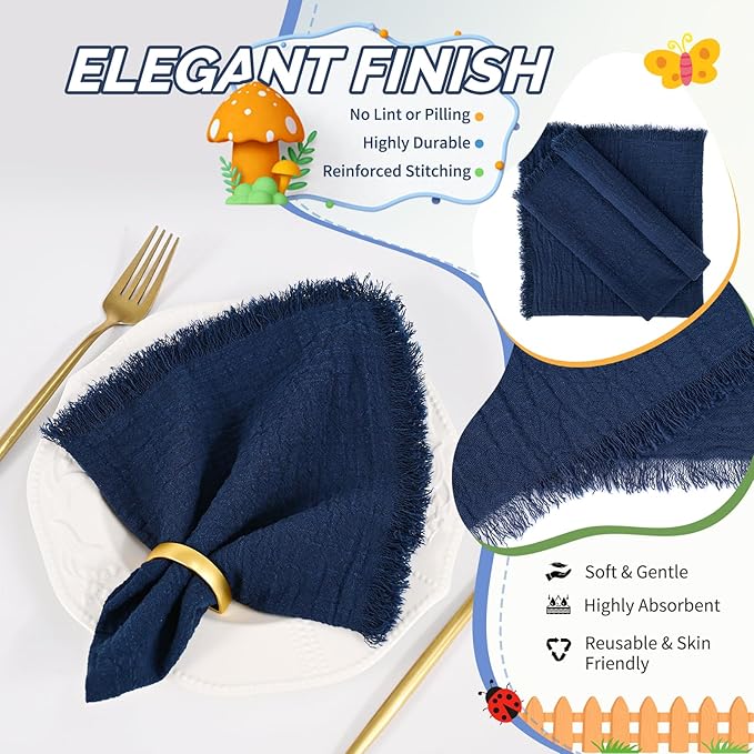Showgeous 10 Pack Navy Blue Cloth Napkins with Fringe 16x16 inch 100% Cotton Blue Napkins Handmade Dinner Napkins Bulk Washable Soft Rustic Table Napkins for Wedding Parties Bridal Baby Shower