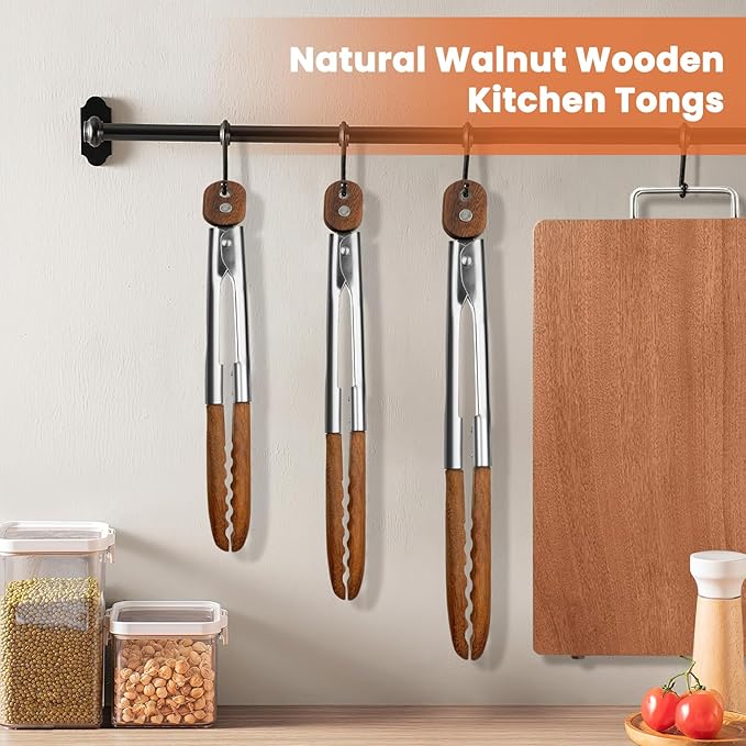 Wooden Tongs for Cooking Set of 3-7, 9, 12 inch Natural Walnut Kitchen Tongs with Stainless Steel, Heat Resistant Non-Scratch Utensils for Grilling, Serving, Salad, BBQ