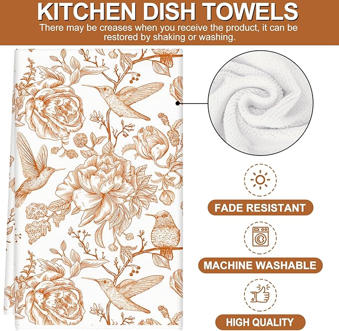 Orange Bird Floral Kitchen Dish Towel 18 x 28 Inch Vintage Bird Flower Dishcloth Chinoiserie Hand Drying Tea Towel for Home Kitchen Cooking Baking, 2Pcs