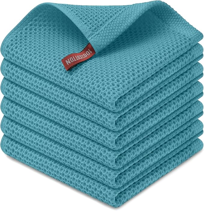 Kitinjoy 100% Cotton Kitchen Dish Cloths (12 X 12 Inches, Lake Blue), 6 Pack Waffle Weave Ultra Soft Absorbent Dish Towels for Drying Dishes Quick Drying Kitchen Towels Dish Rags