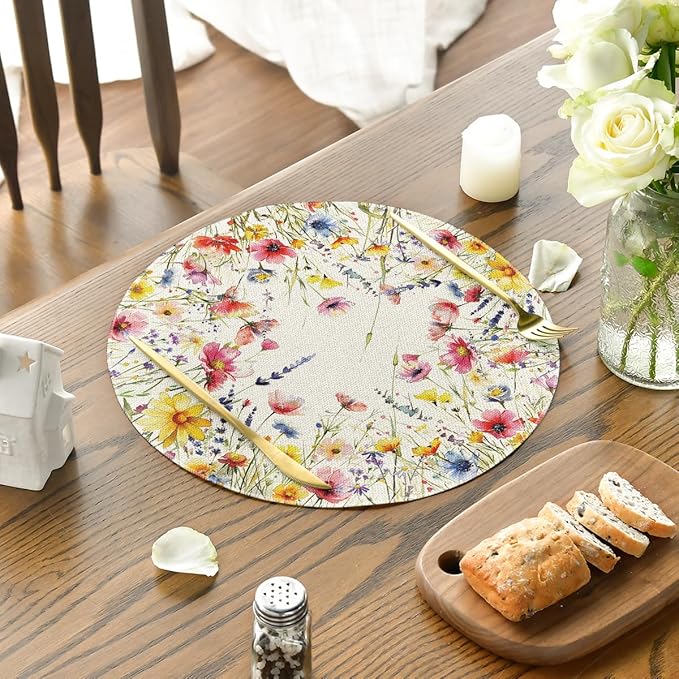 Artoid Mode Daisy Lavender Floral Leaves Spring Round Placemats Set of 4,14 Inch Seasonal Spring Table Mats for Party Kitchen Dining Decoration