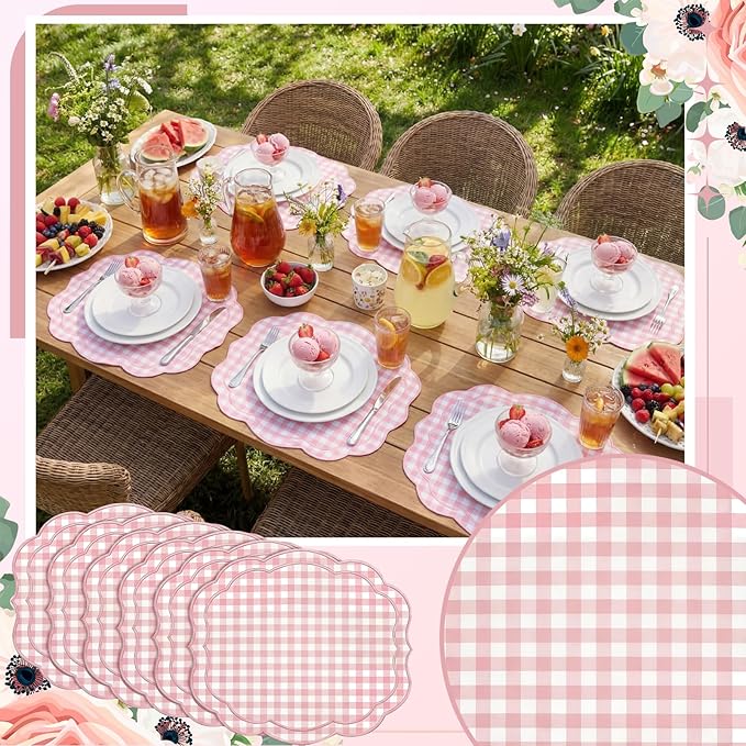 Breling Set of 6 Pink Gingham Placemats Scalloped Embroidered Cotton Linen Placemats 17" x 13" Double Layered Machine Washable Table Place Mat for Wedding Birthday Baby Shower Party Table Decor