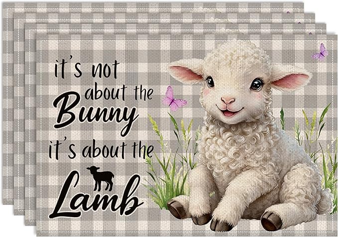 Easter Placemats Set of 4 12x18 inches, It's Not About the Bunny It's About the Lamb Easter Decor for Table, Party, Home - Farmhouse Spring Buffalo Plaid Lamb Table Mat Decroations