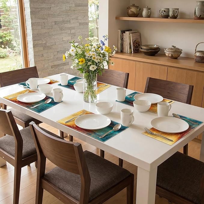 Emvency Farmhouse Placemats Set of 6,12x18 Inch Linen Rectangular Place Abstract Vintage Grunge Colorful Modern Table Mats for Indoors & Outdoor Home Party Kitchen Dining Decoration