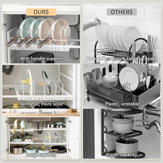 Pots and Pans Organizer Under Cabinet, Expandable Length, Adjustable Height Under Sink Shelf 2 Tier with 10 Dividers Under Cabinet Shelf, Pot and Pan Lid Holder Rack (White)