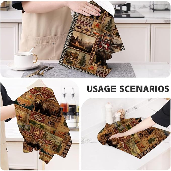 Vintage Rustic Kitchen Towel Set of 4, Lodge Bear Mountain Dish Towels for Kitchen Soft Absorbent Country Cabin Decor Hand Drying Baking Cooking Cloth, Farmhouse Decor 16" x 24"