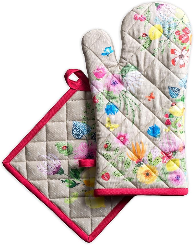 Maison d' Hermine 100% Cotton Oven Mitt & Pot Holder Set (7.5"x13" & 8"x8") Heat Resistant BBQ Cooking Gloves with Loop Grilling Kitchen Gifts for Mothers Day Spring/Summer (Jardin D'Ete - Fog)